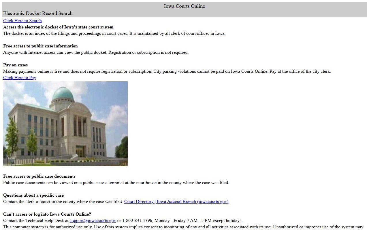 Iowa Courts Online search page for Marion County court records after arrest