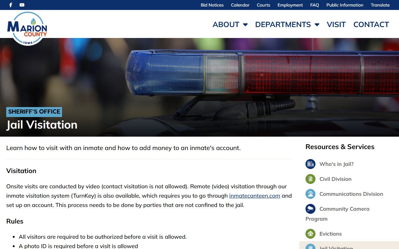 Marion County jail visitation and commissary page with video visit and TurnKey rules