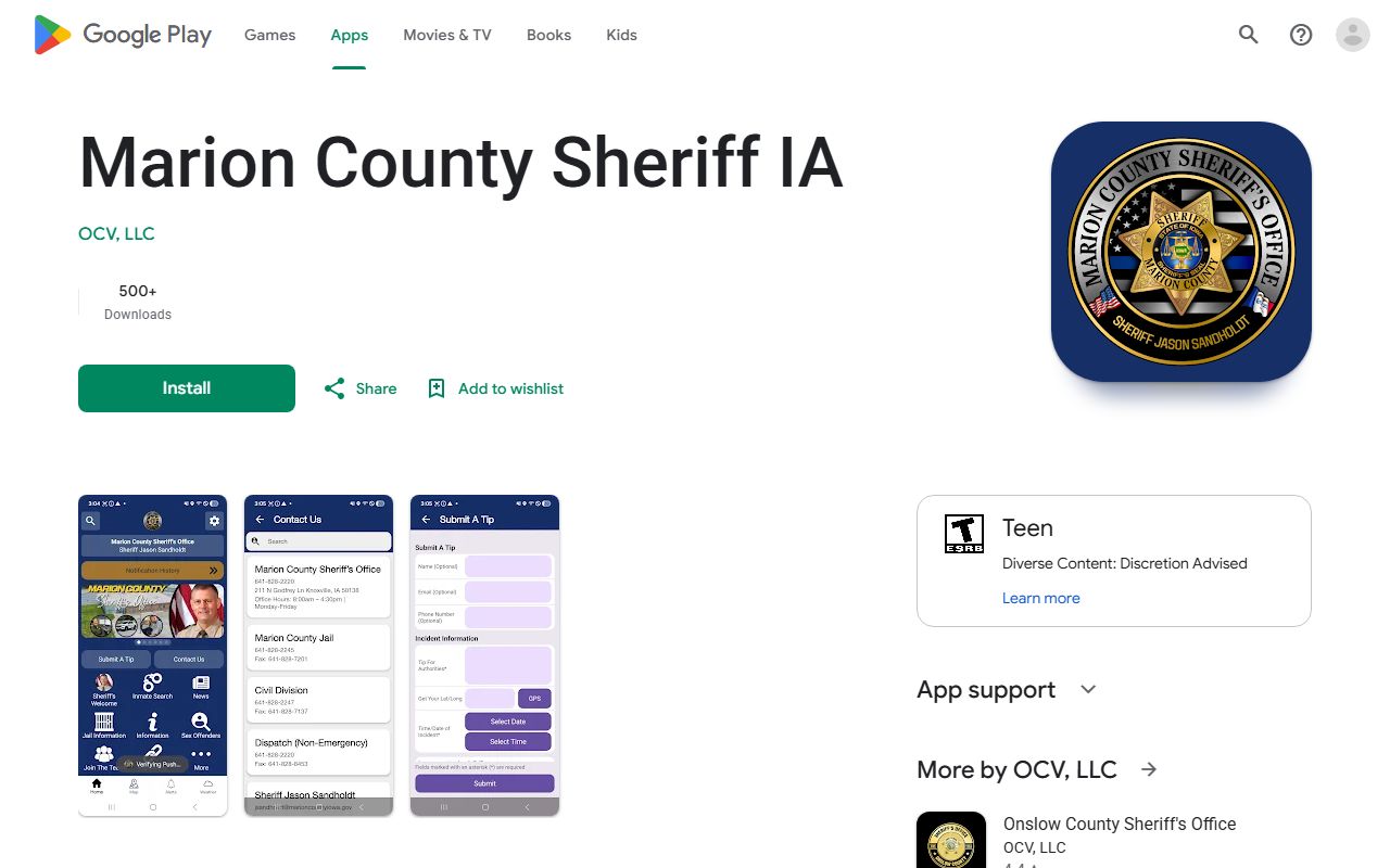 Marion County Sheriff IA app listing for jail mugshot and roster context
